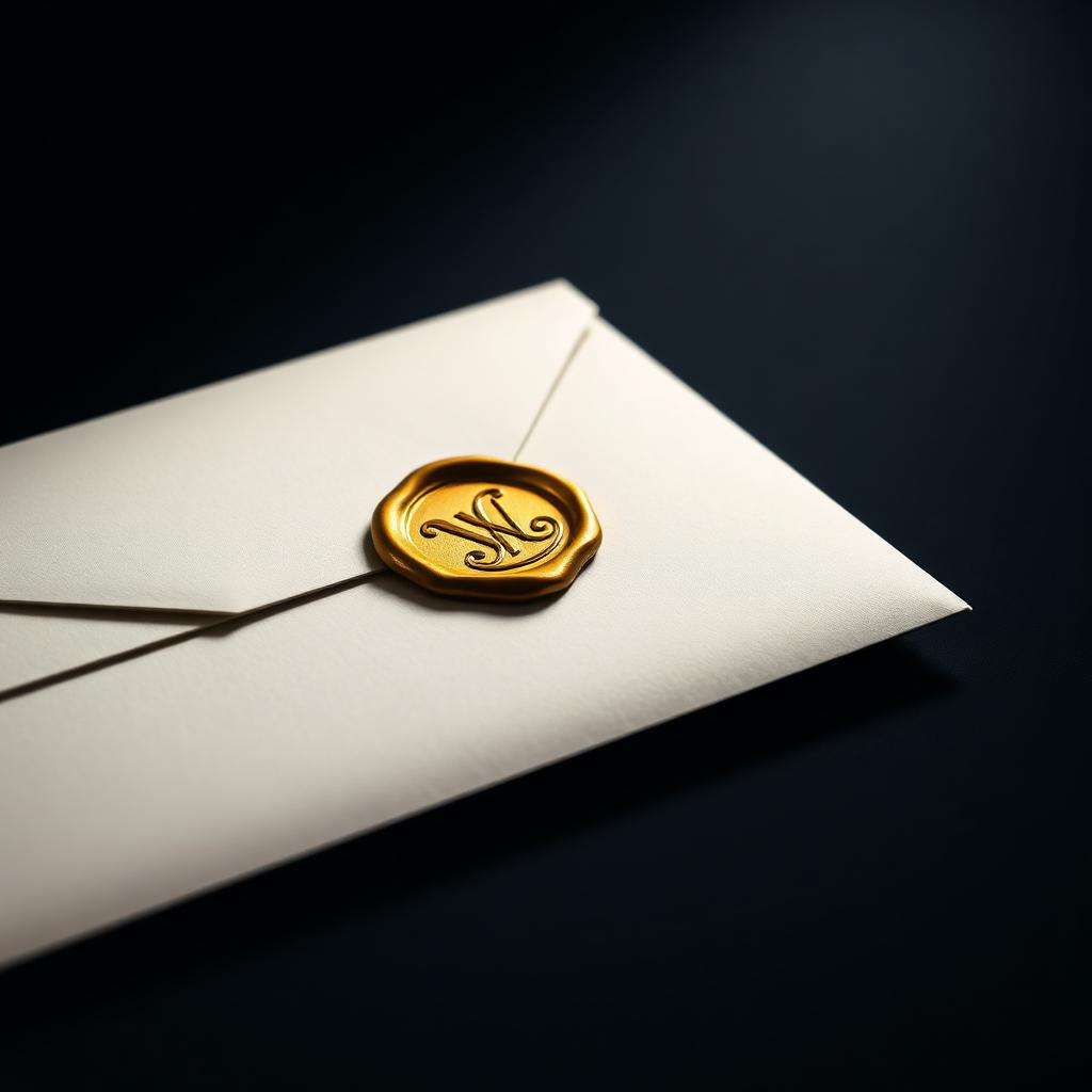 Gold wax seal on ivory envelope